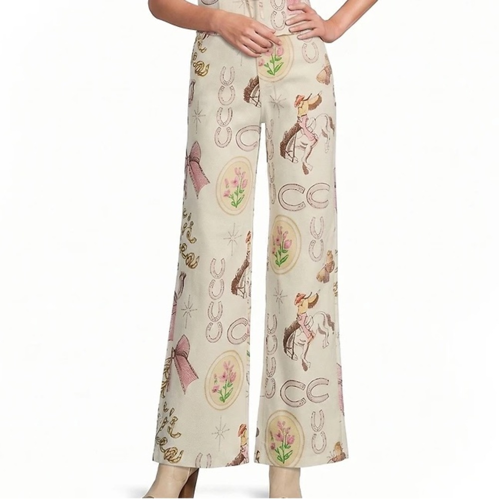 Cream Printed Western Wide-Leg Pants XS High Waisted